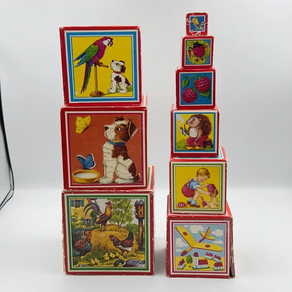 Vintage Mid Century Nesting Stacking Blocks Cardboard Animal Illustrations 9pc‎